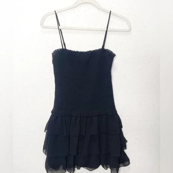 Aritzia Wilfred Arts Black Smocked Square Neck Spaghetti Strap Mini Dress Tiered - Picture 3 of 8
